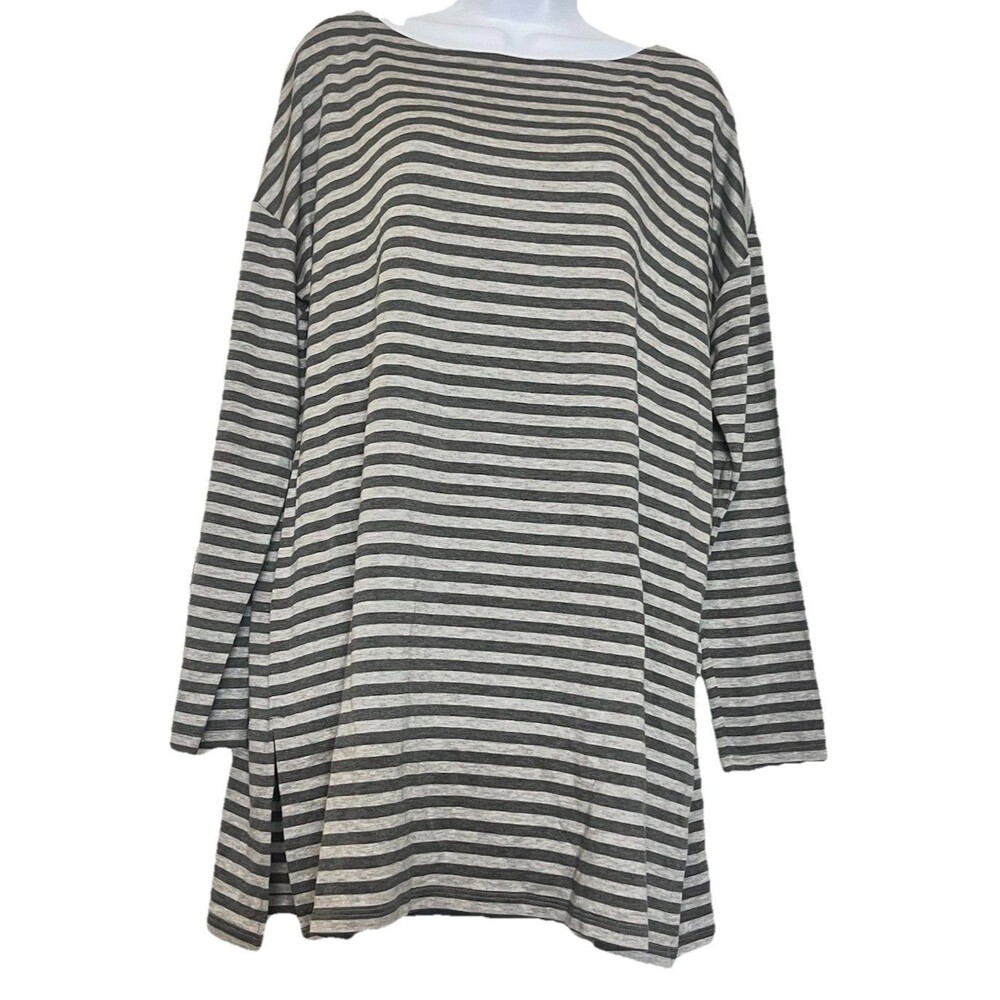NWT Eileen Fisher Striped Cozy Brushed Terry Round Neck Long Box-Top Size Small - Picture 2 of 16